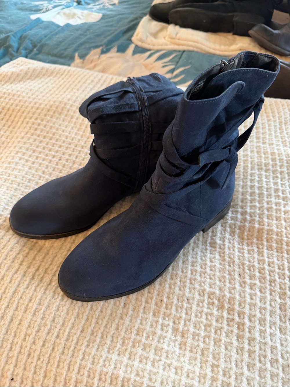 Women's Navy Suede Ankle Boots with Wrap Detail